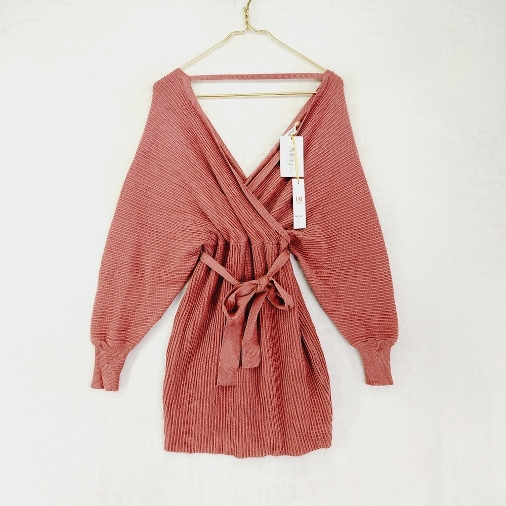 Immodel Burgundy Long Sleeve Surplice Neck Belted Wrap Sweater 78